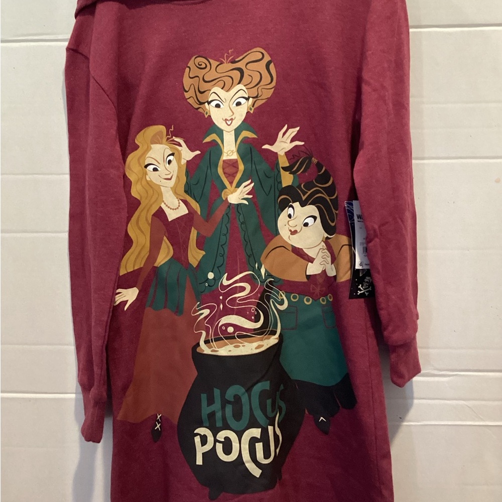 T100- Girls Burgundy Disney Hocus Pocus Graphic Long Sleeve Hoodie Dress